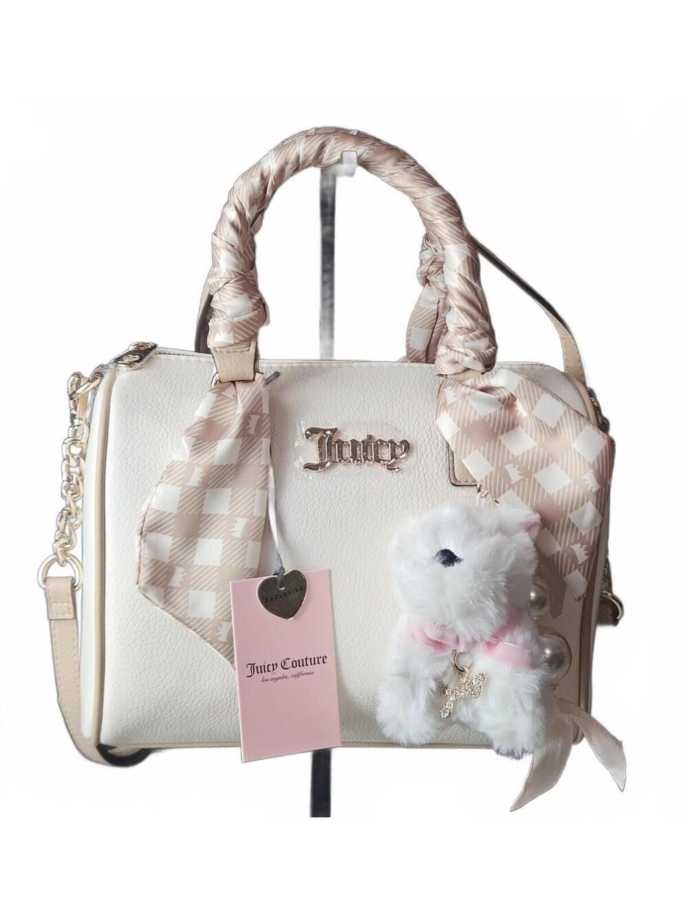 Juicy Couture Forever Fab Soft White Scarf Satchel Scottie Dog & Pearl Charm NWT